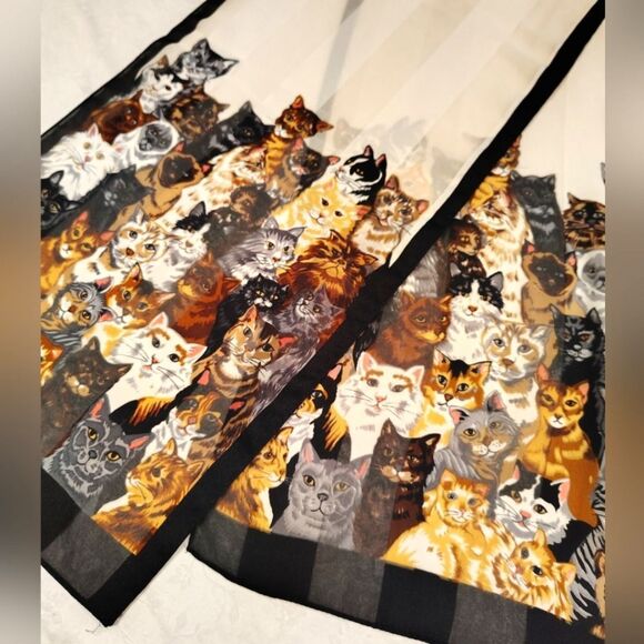 Cat Pattern Long Silk Scarf Kitty Cats Vintage - Picture 7 of 10